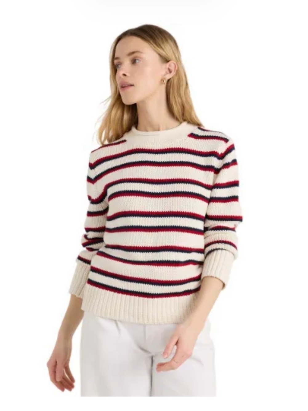 NWT Quince 100% Organic Cotton Roll Neck Sweater Off with Navy & Red Stripes